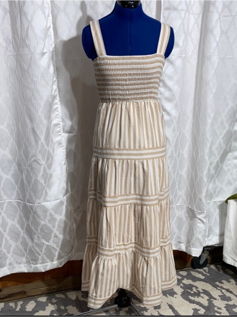 SHEIN Beige & White Striped Smocked Tiered Maxi Dress